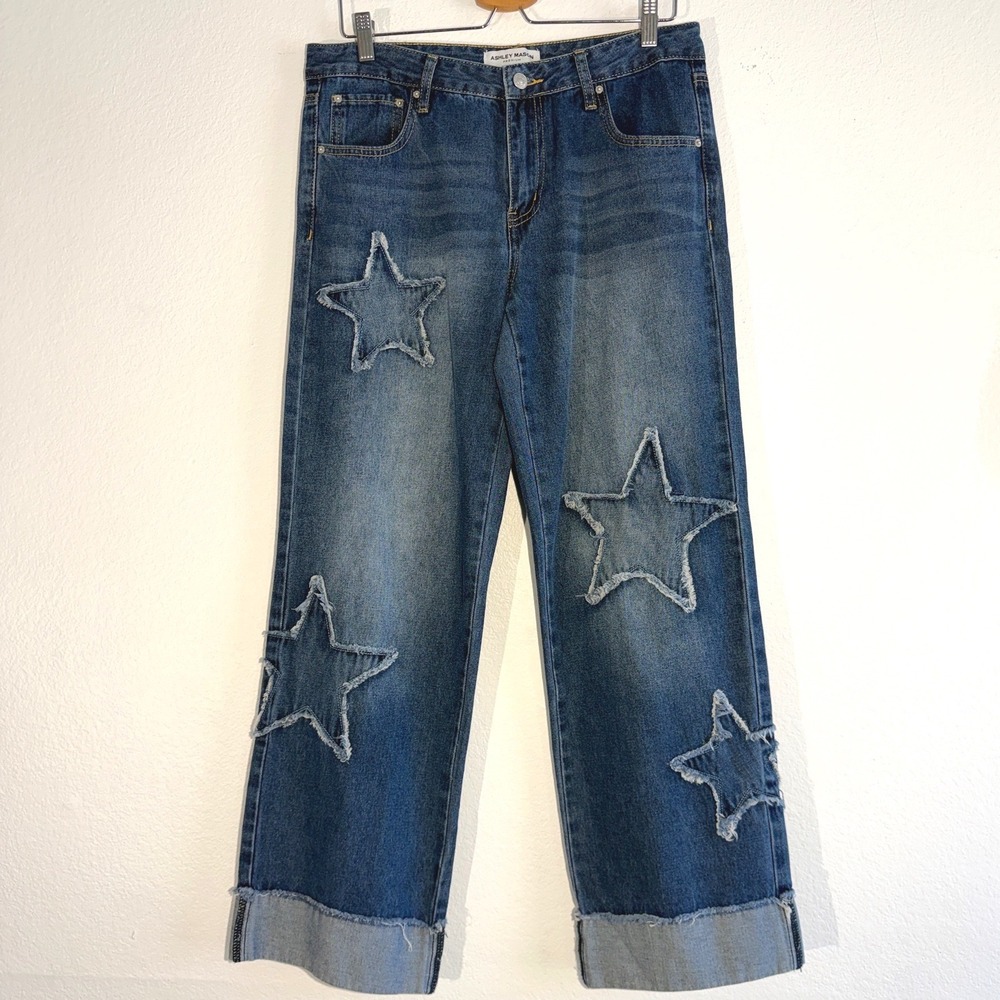 Ashley Mason Premium Star Patch Y2K Straight Leg Cuffed Hem Jeans Blue Size 9/29